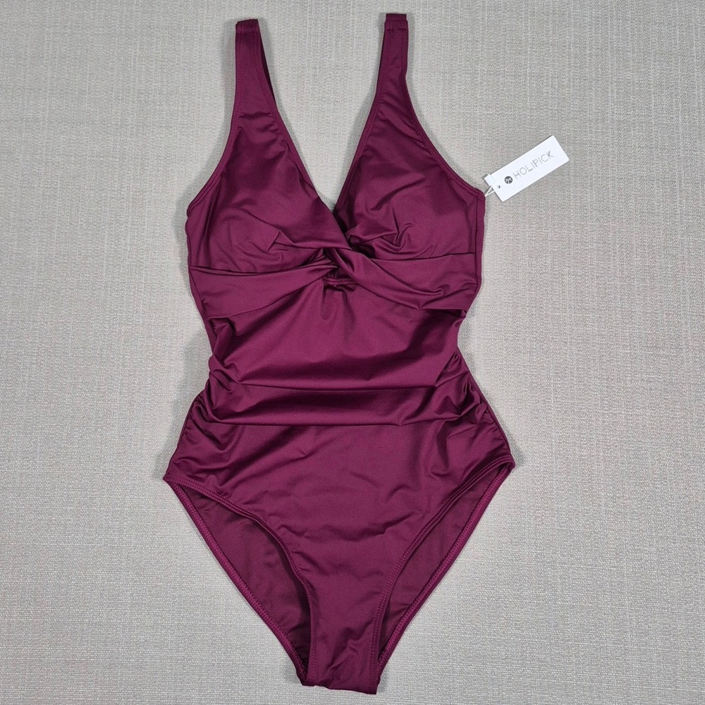 Holipick‎ Womens One Piece Swimsuit Burgundy Ruched Tummy Control Twist Front S